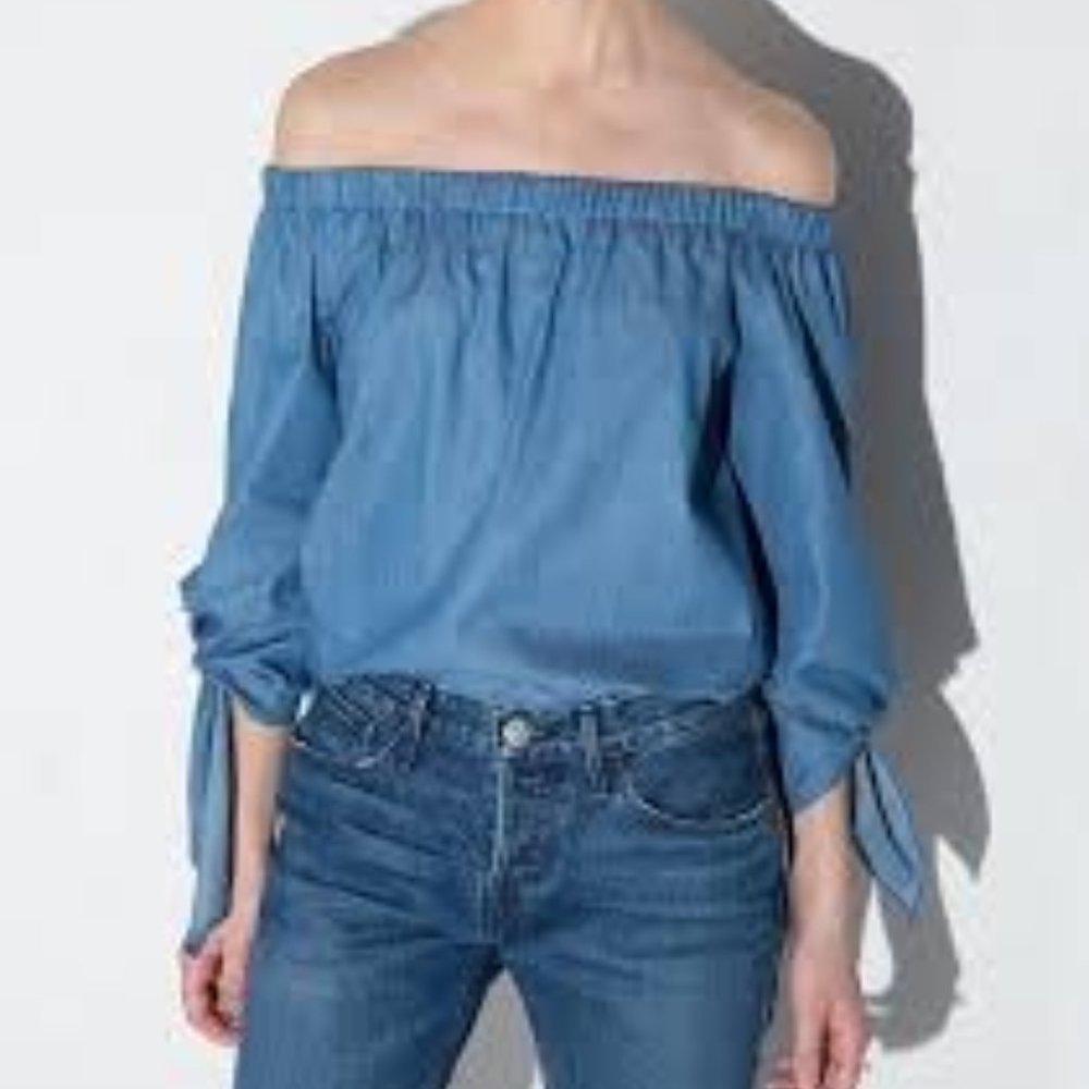 Style Envy Blue Denim Off The Shoulder Blouse Top